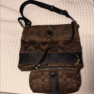 Coach Brown and Black Women's bag with adjustable strap and wristlet wallet set.